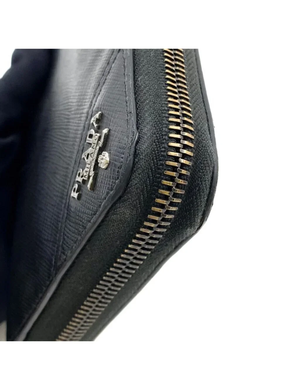 Prada Triangle Logo Zip Around Saffiano Leather Black Wallet